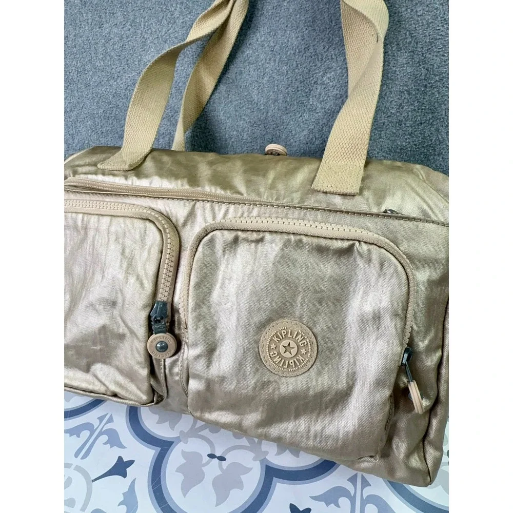 Kipling Metallic Gold Defea Handbag Nylon Tote Shoulder Bag‎ Multiple Pockets